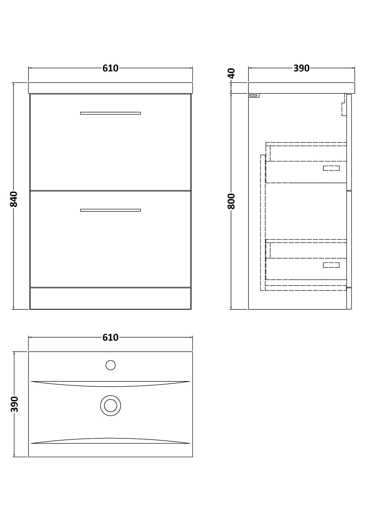 Modern Splash Arno 600mm Soft Black 2 Drawer Floor Standing Vanity Unit With Mid-Edge Basin