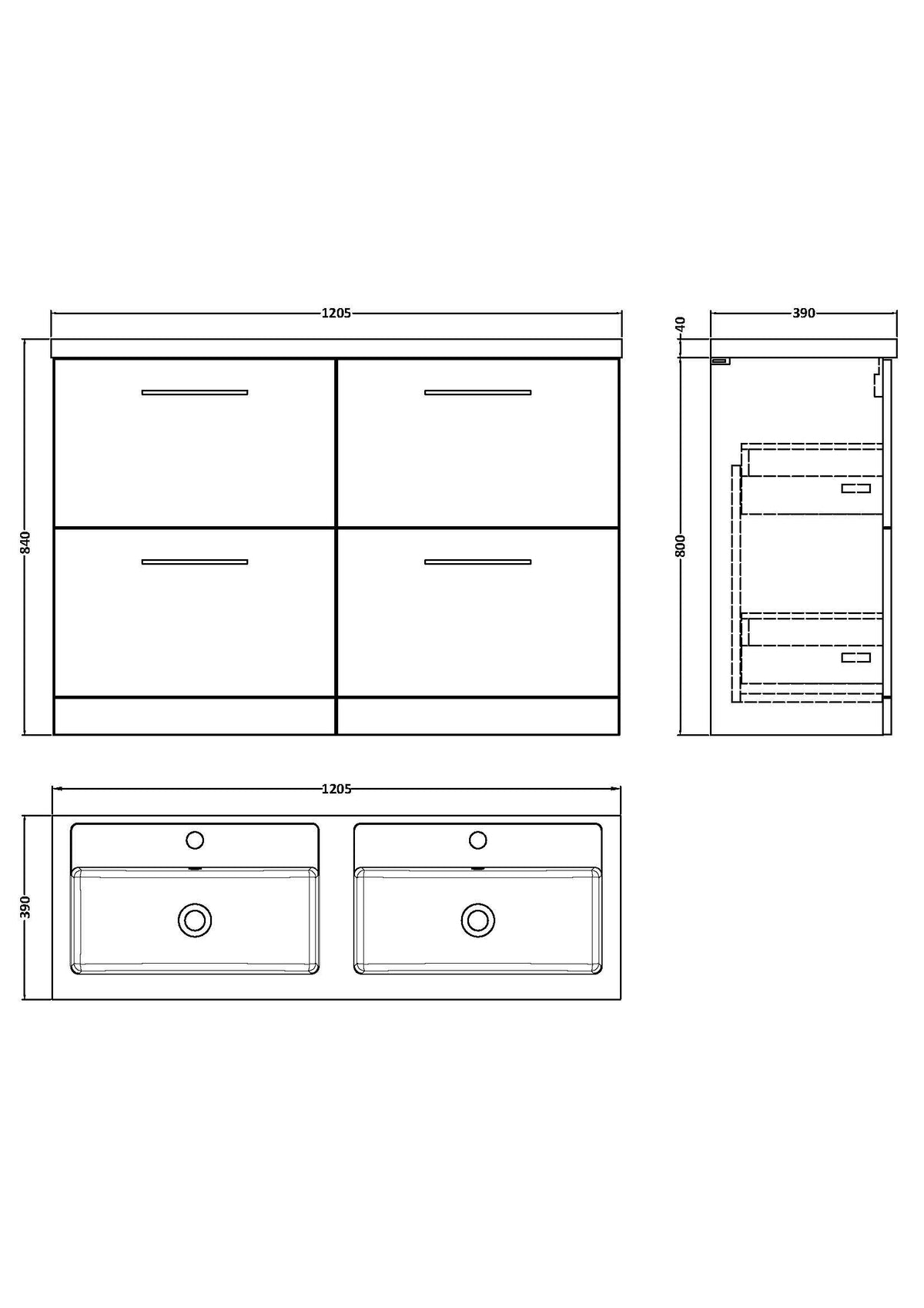Modern Splash 1200mm Soft Black 4 Drawer Floor Standing Vanity Unit With 2 Tap Hole Polymarble basin
