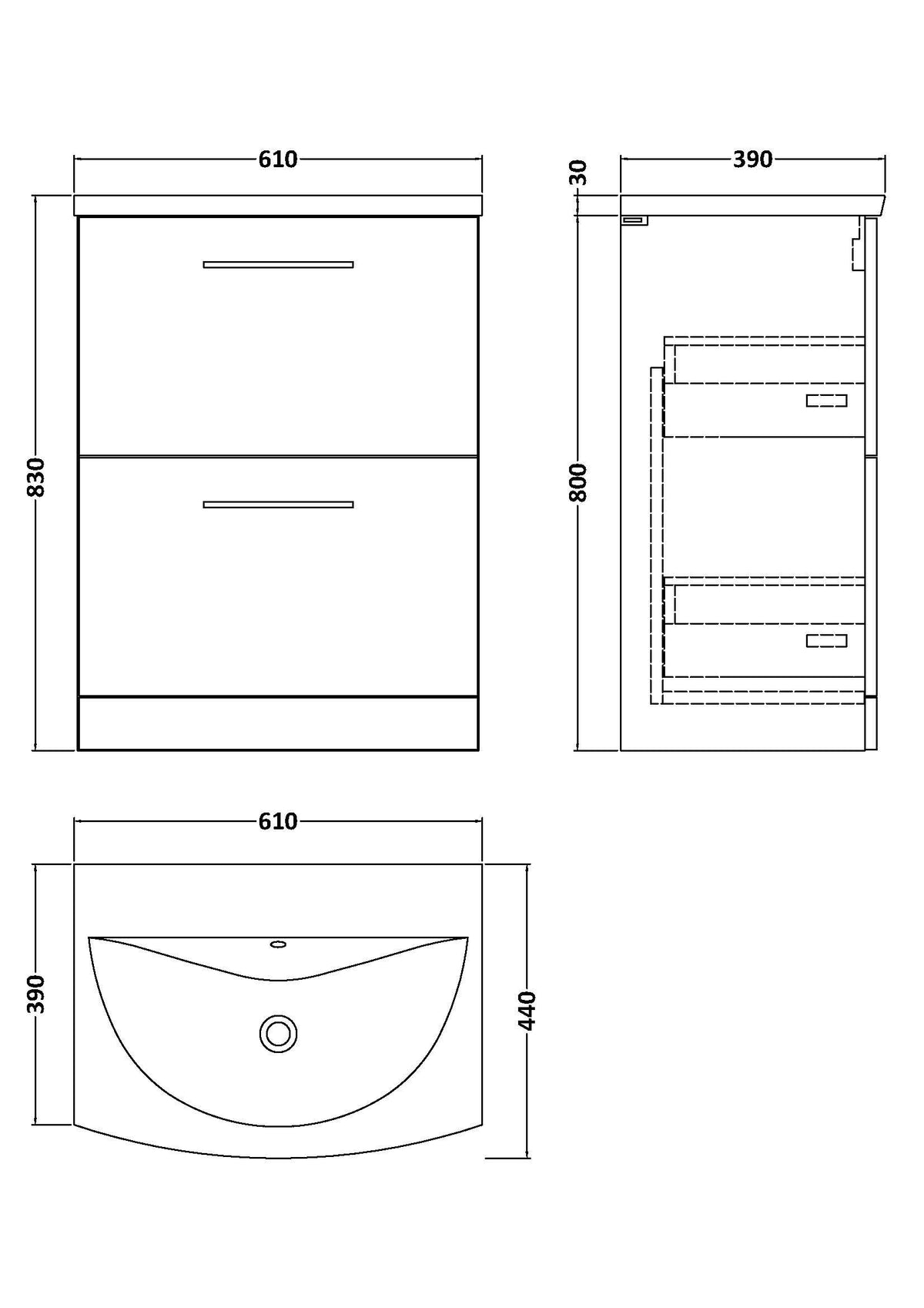 Modern Splash 600mm Soft Black 2 Drawer Floor Standing Vanity Unit With Curved Basin
