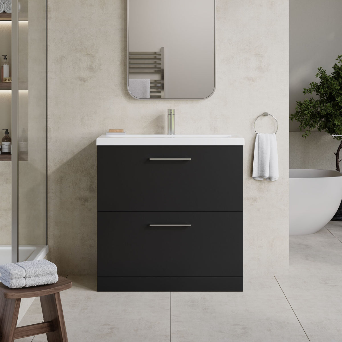 Modern Splash 800mm Soft Black 2 Drawer Floor Standing Vanity Unit With Mid-Edge Basin