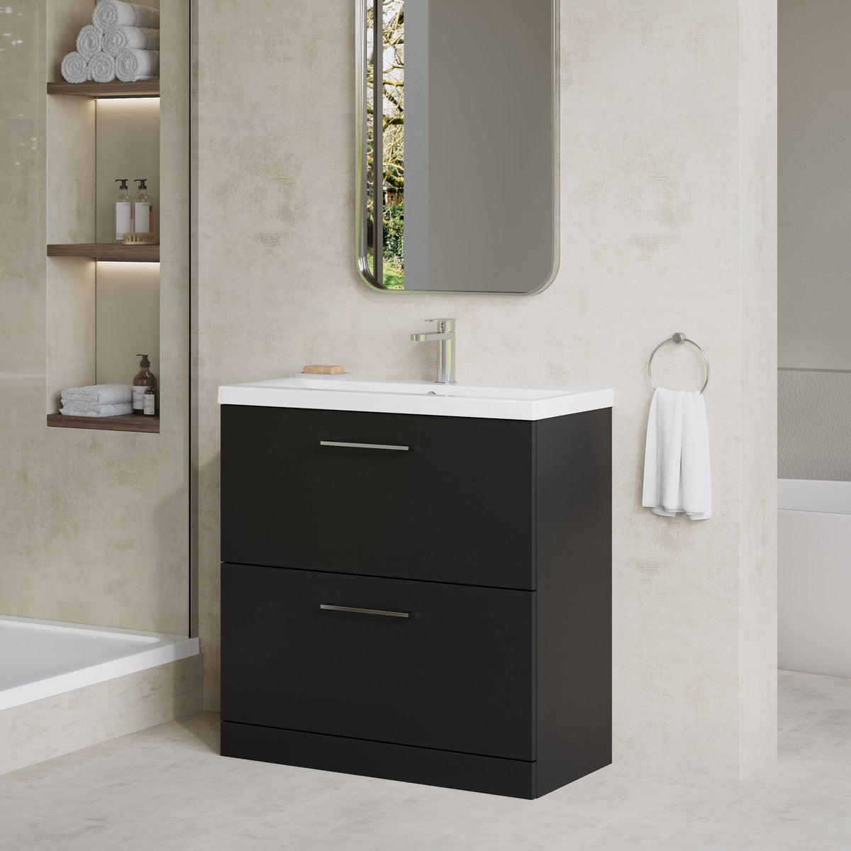 Modern Splash 800mm Soft Black 2 Drawer Floor Standing Vanity Unit With Mid-Edge Basin