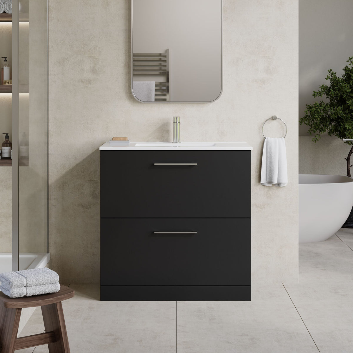Modern Splash 800mm Soft Black 2 Drawer Floor Standing Vanity Unit With Minimalist Basin