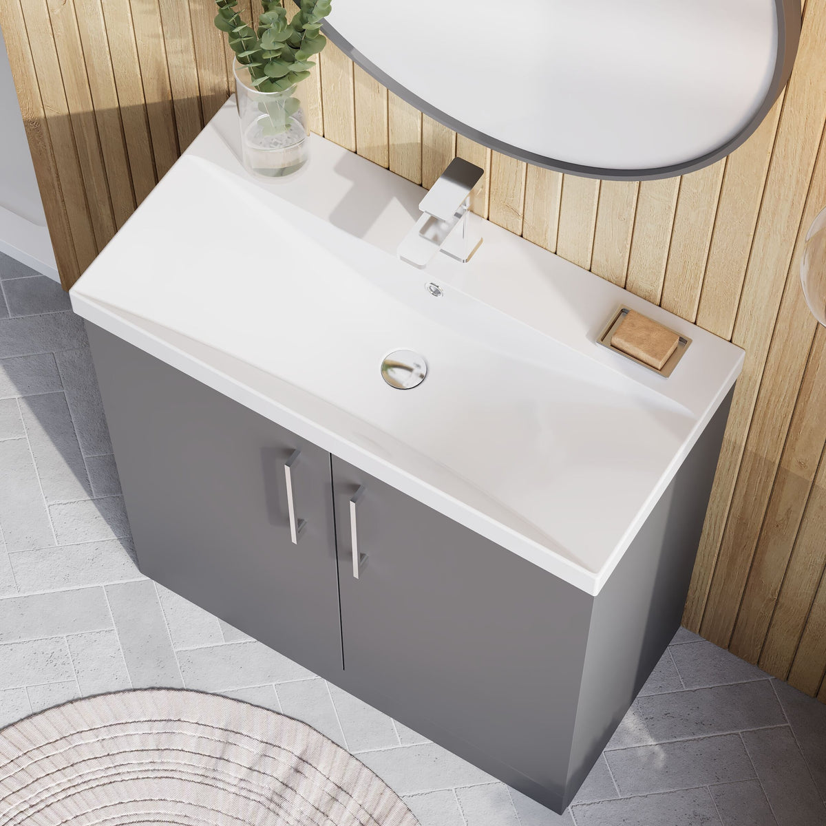 Modern Splash 800mm Satin Grey 2 Door Floor Standing Vanity Unit With Thin Edge Basin