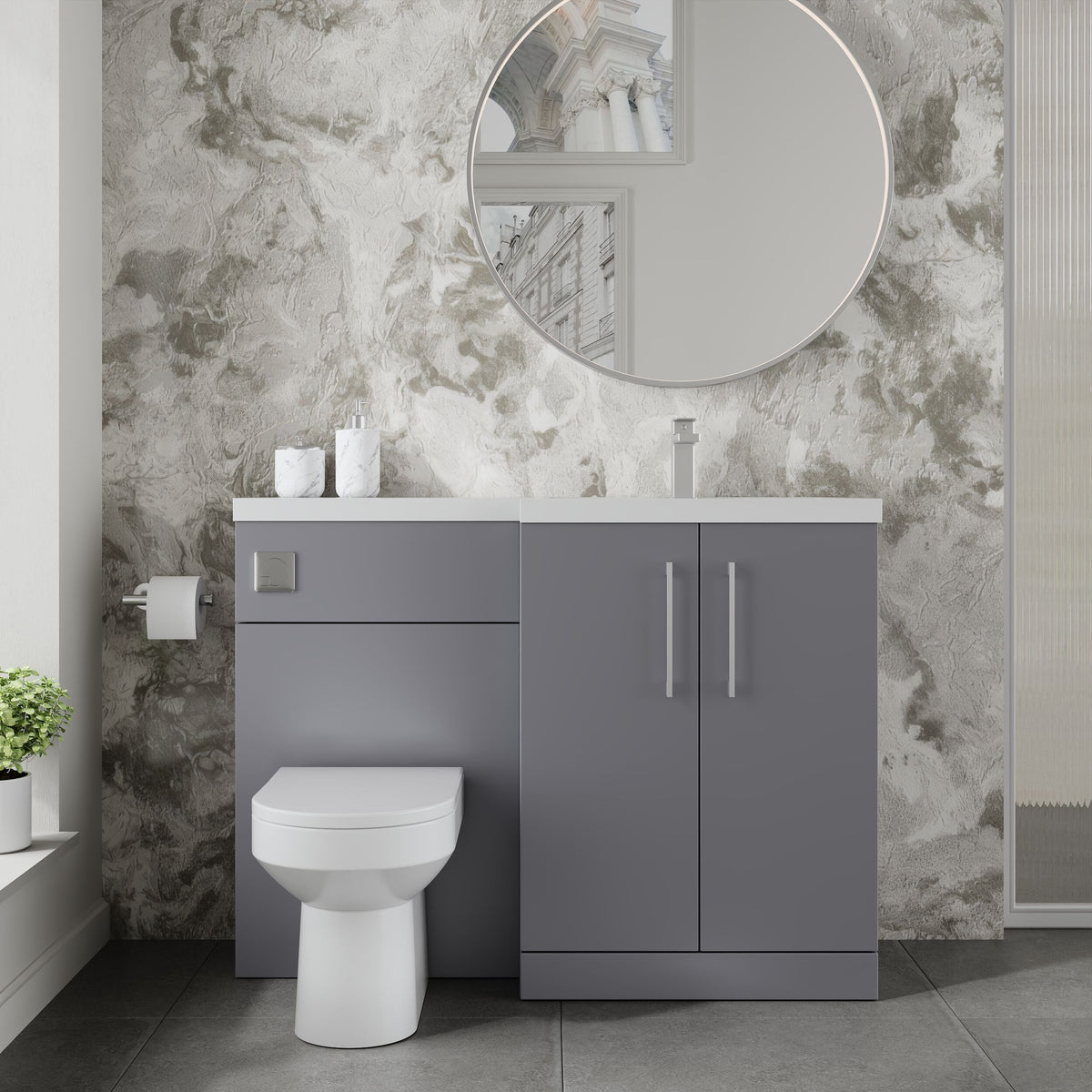 Modern Splash 1100mm Satin Grey 2 Door Floor Standing Right-Hand Combination Unit With Polymarble Basin
