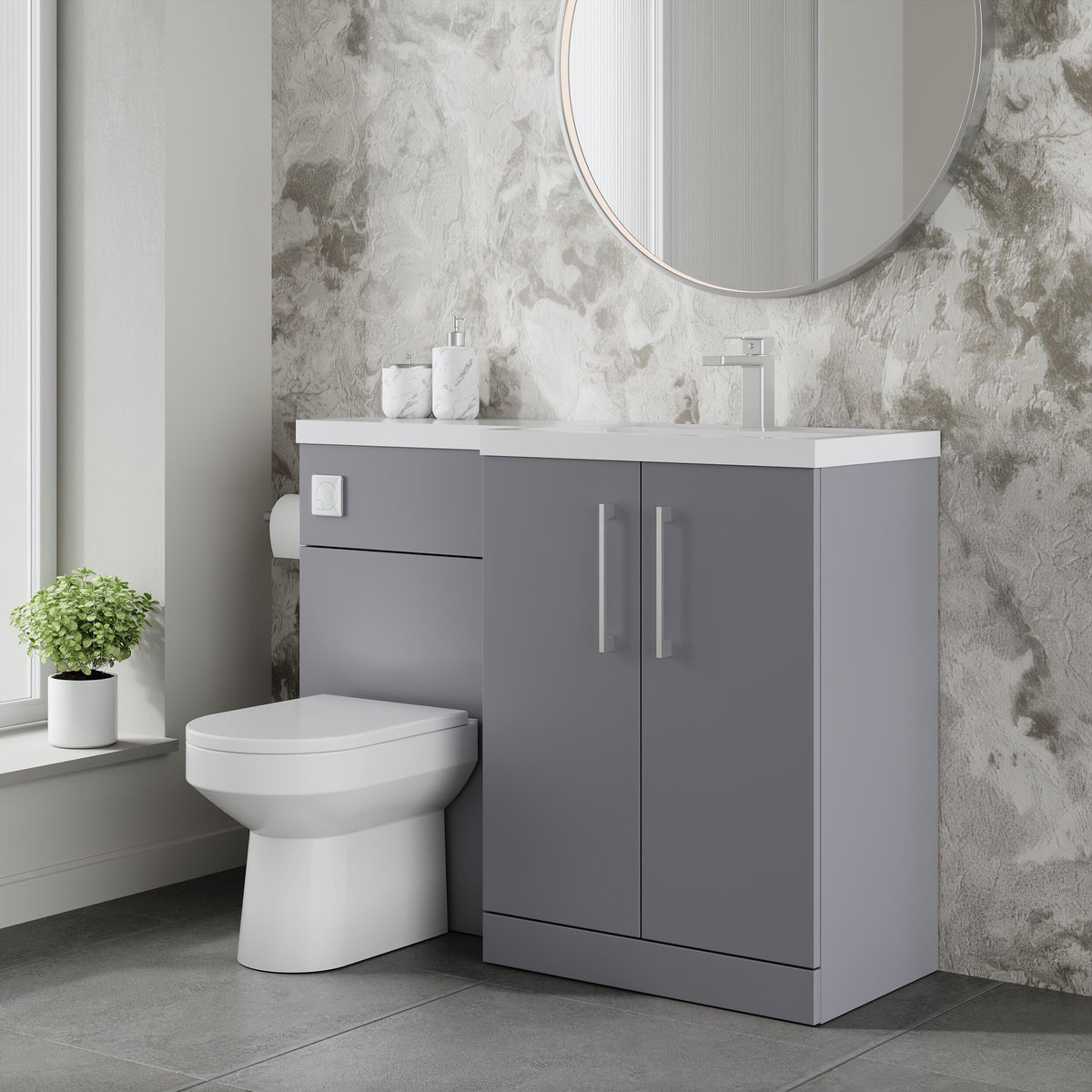 Modern Splash 1100mm Satin Grey 2 Door Floor Standing Right-Hand Combination Unit With Polymarble Basin