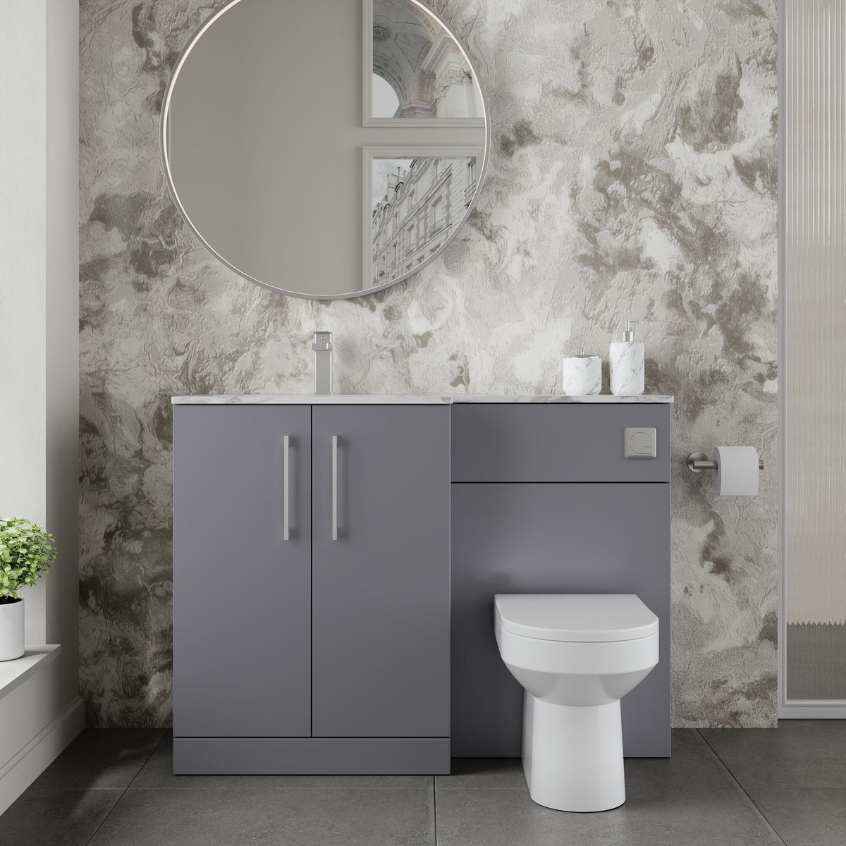 Modern Splash 1100mm Satin Grey 2 Door Floor Standing Left-Hand Combination Unit With Stone Basin