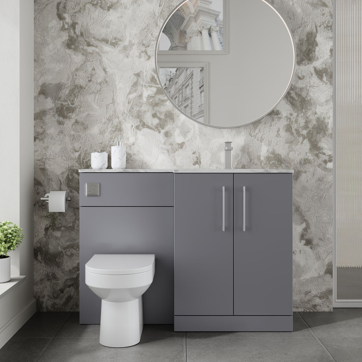 Modern Splash 1100mm Satin Grey 2 Door Floor Standing Right-Hand Combination Unit With Stone Basin