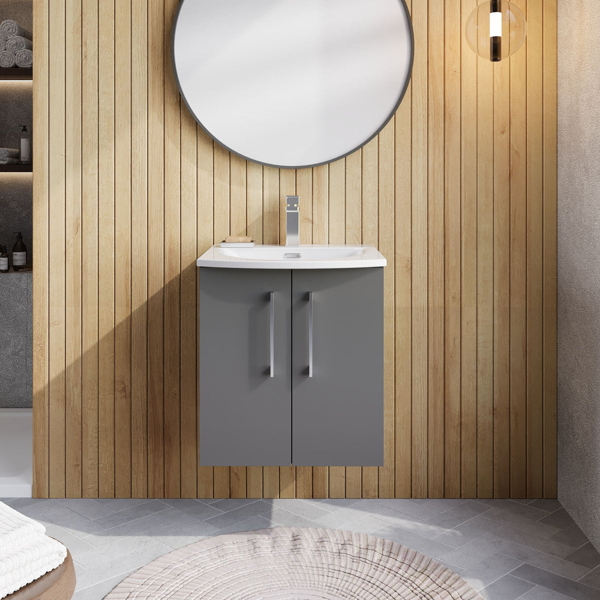 Modern Splash 500mm Satin Grey 2 Door Wall Hung Vanity Unit With Curved Basin