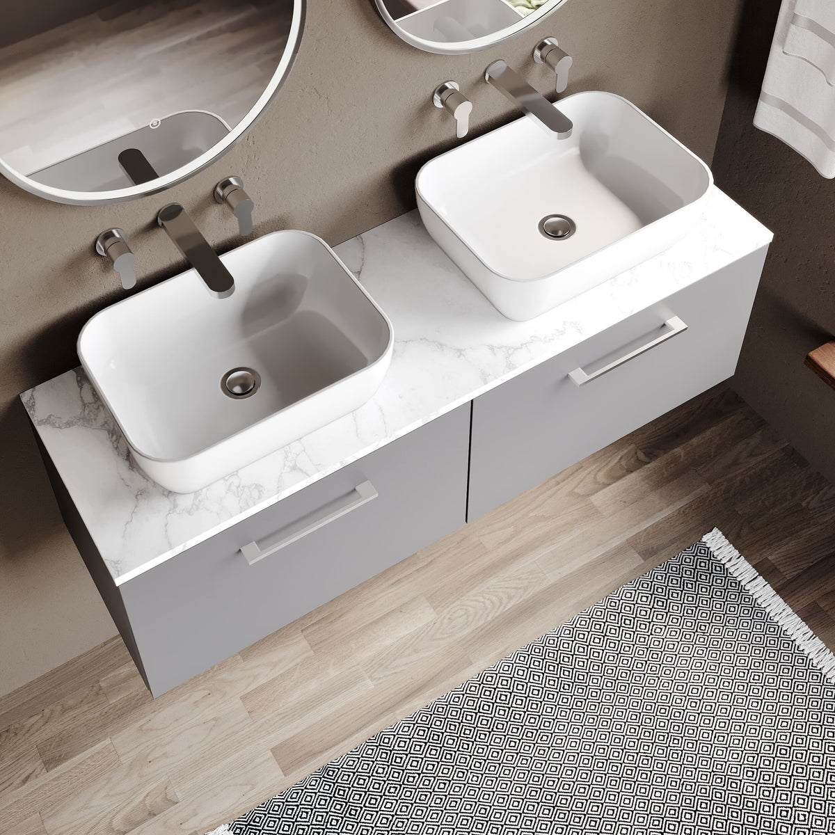 Modern Splash 1200mm Satin Grey 2 Drawer Wall Hung Vanity With Carrara Laminate Worktop