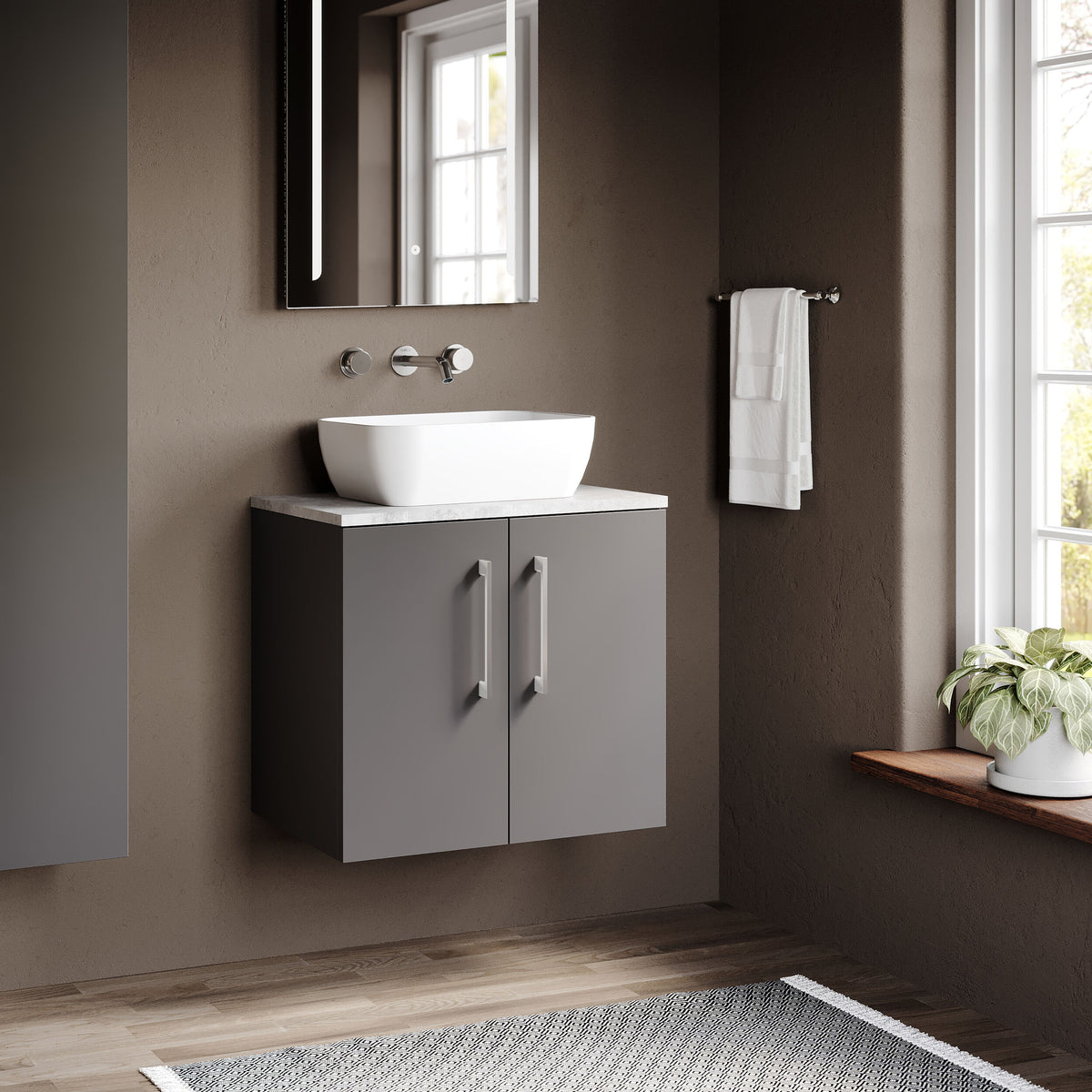 Modern Splash 600mm Satin Grey   2 Door Wall Hung Vanity Unit With Bellato Grey Worktop