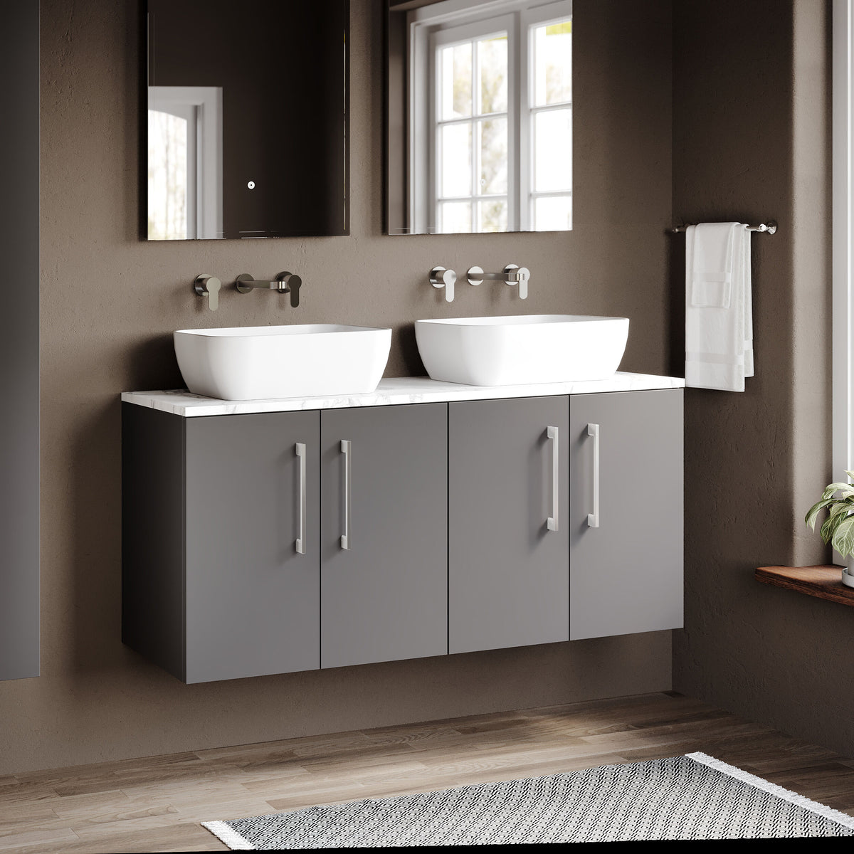 Modern Splash 1200mm Satin Grey  2 Door Wall Hung With Carrara Laminate Worktop Vanity With Carrara Laminate Worktop
