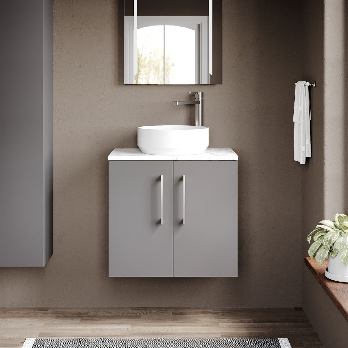 Modern Splash 600mm Satin Grey 2 Door Wall Hung Vanity Unit With Carrara Laminate Worktop