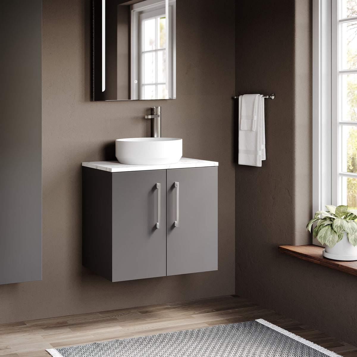 Modern Splash 600mm Satin Grey 2 Door Wall Hung Vanity Unit With Carrara Laminate Worktop
