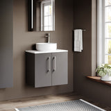Modern Splash 600mm Satin Grey 2 Door Wall Hung Vanity Unit With Carrara Laminate Worktop