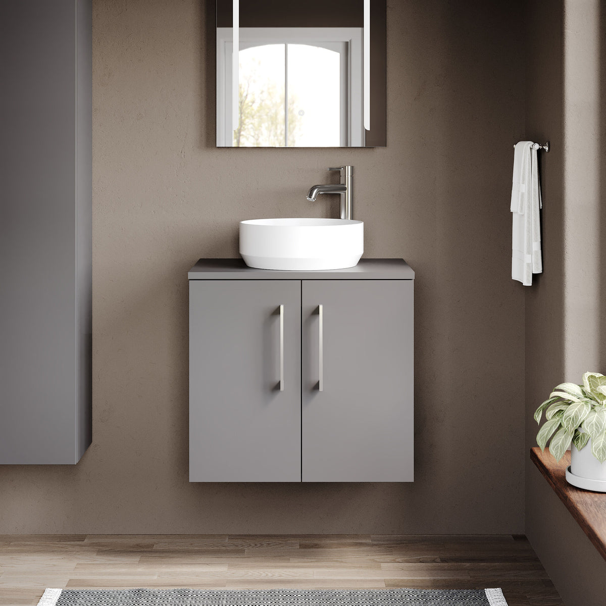 Modern Splash 600mm Satin Grey 2 Door Wall Hung Vanity Unit With Co-ordinating Worktop