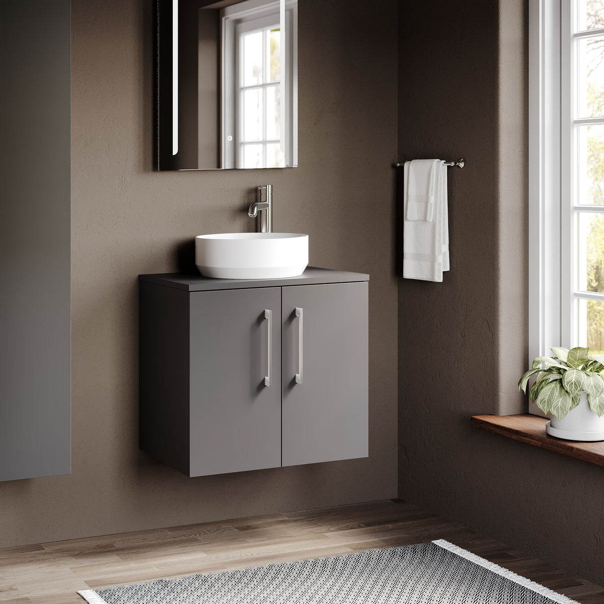 Modern Splash 600mm Satin Grey 2 Door Wall Hung Vanity Unit With Co-ordinating Worktop