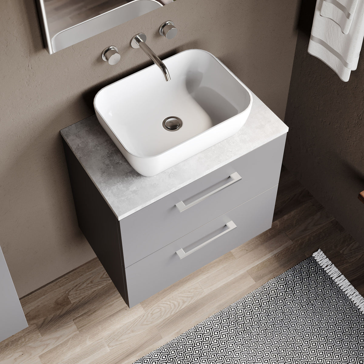 Modern Splash 600mm Satin Grey 2 Drawer Wall Hung  Vanity Unit With Bellato Grey Worktop