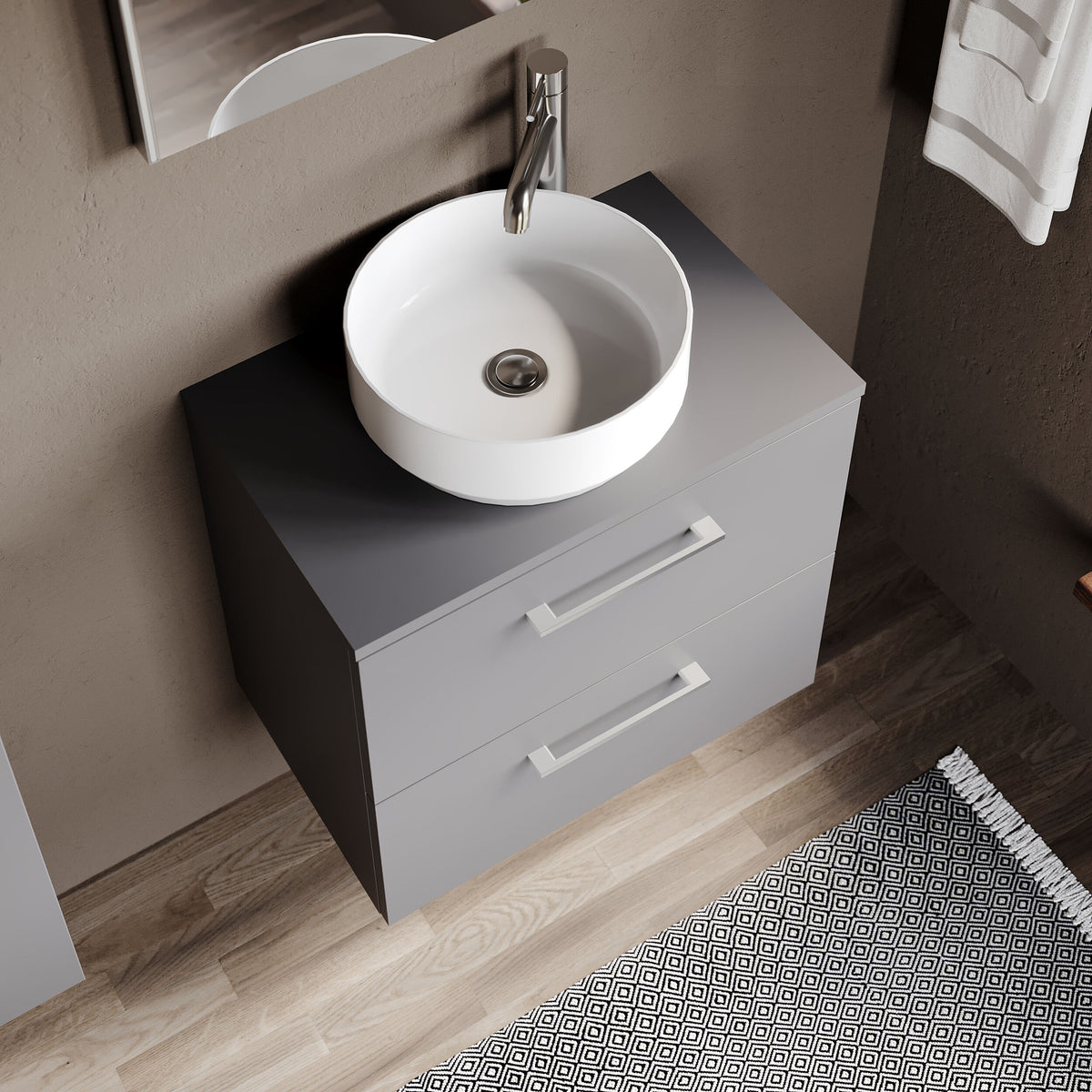 Modern Splash 600mm Satin Grey  2 Drawer Wall Hung Vanity Unit With Co-ordinating Worktop