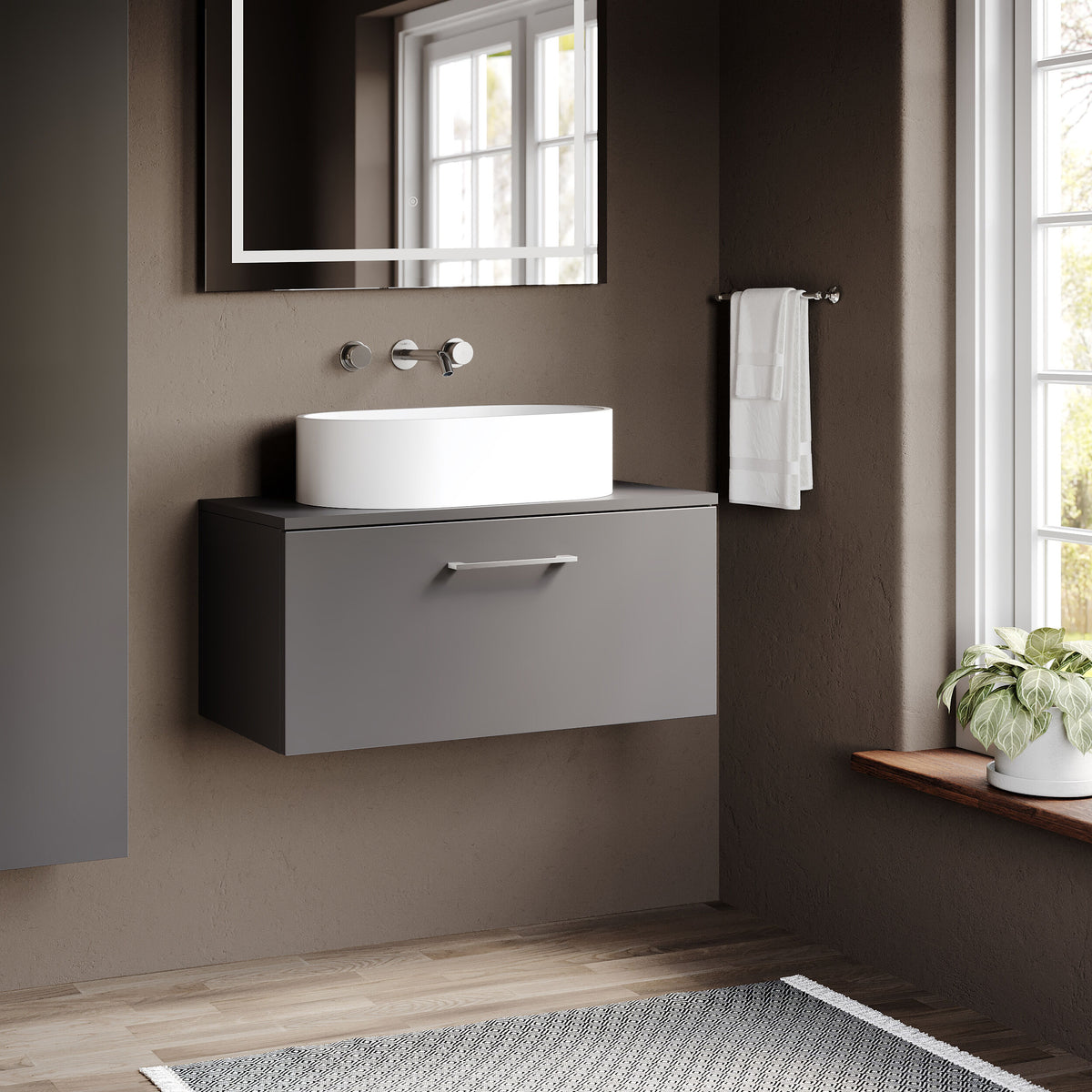 Modern Splash 805mm Satin Grey 1 Drawer Wall Hung Vanity Unit With Co-ordinating Worktop