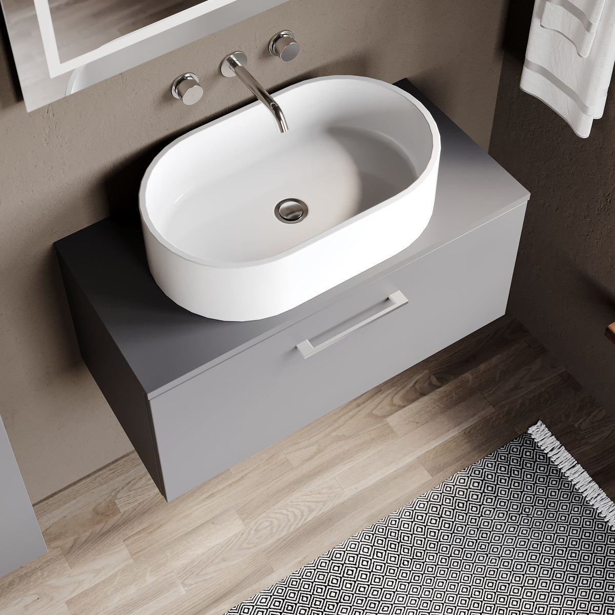 Modern Splash 805mm Satin Grey 1 Drawer Wall Hung Vanity Unit With Co-ordinating Worktop