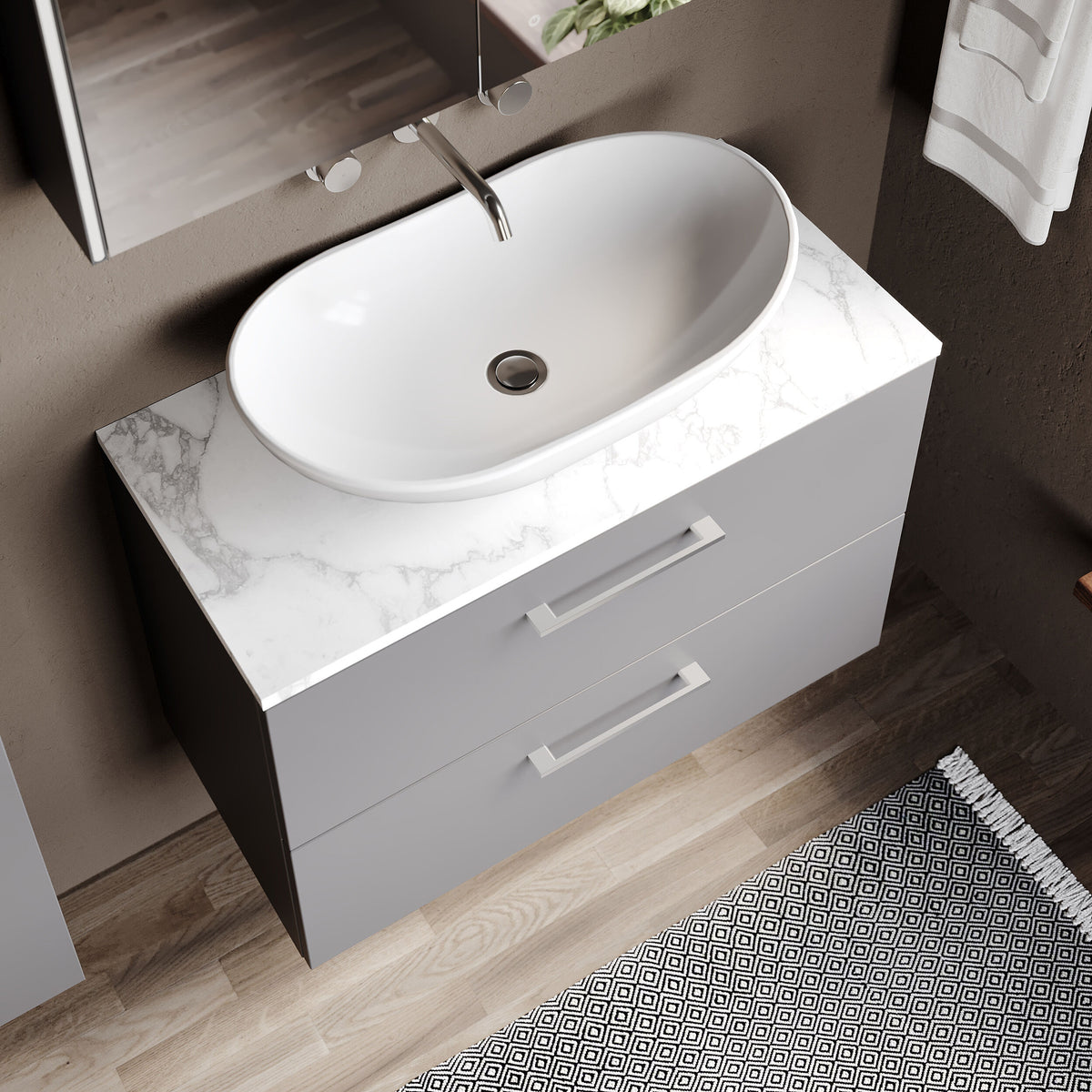 Modern Splash 800mm Satin Grey 2 Drawer Wall Hung Vanity Unit With Carrara Laminate Worktop