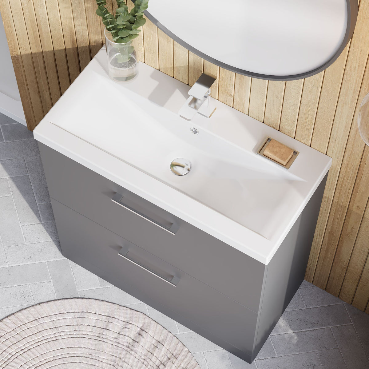 Modern Splash 800mm Satin Grey 2 Drawer Floor Standing Vanity Unit With Mid-Edge Basin
