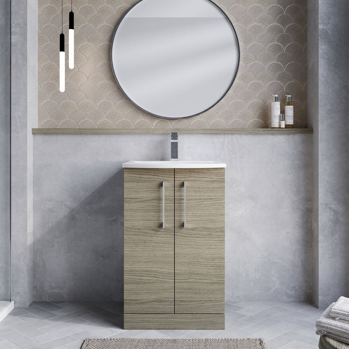Modern Splash 500mm Solace Oak 2 Door Floor Standing Vanity Unit With Curved Basin