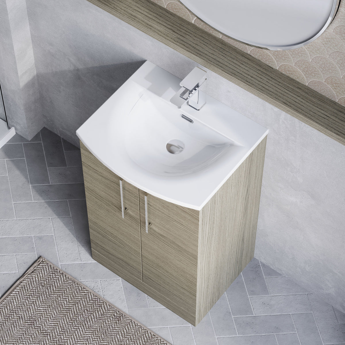Modern Splash 500mm Solace Oak 2 Door Floor Standing Vanity Unit With Curved Basin