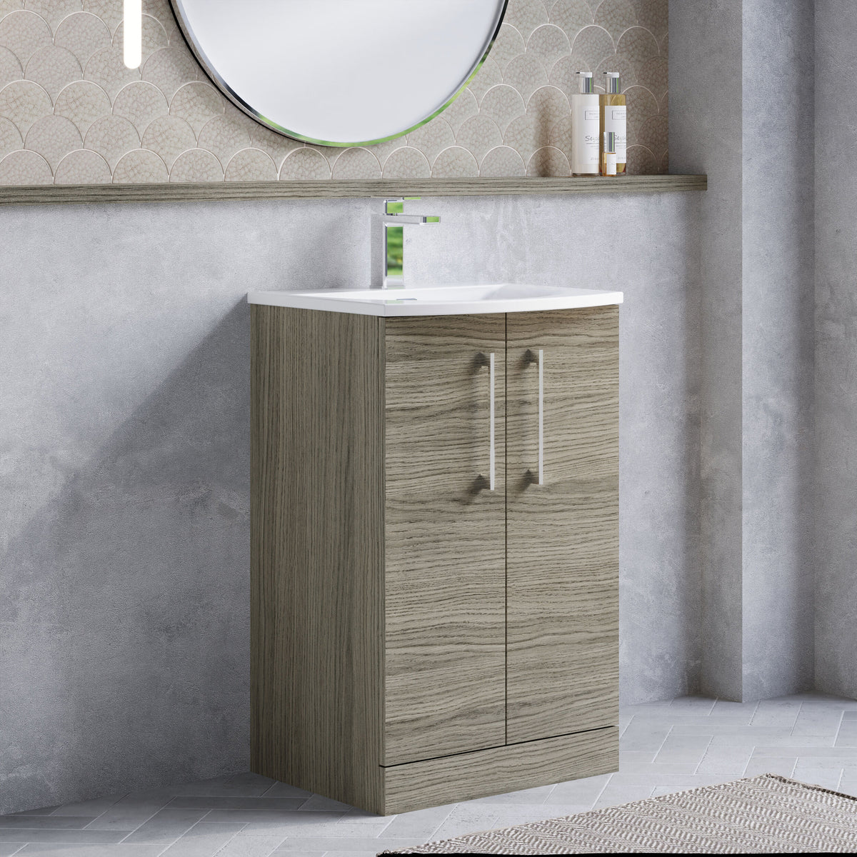 Modern Splash 500mm Solace Oak 2 Door Floor Standing Vanity Unit With Curved Basin