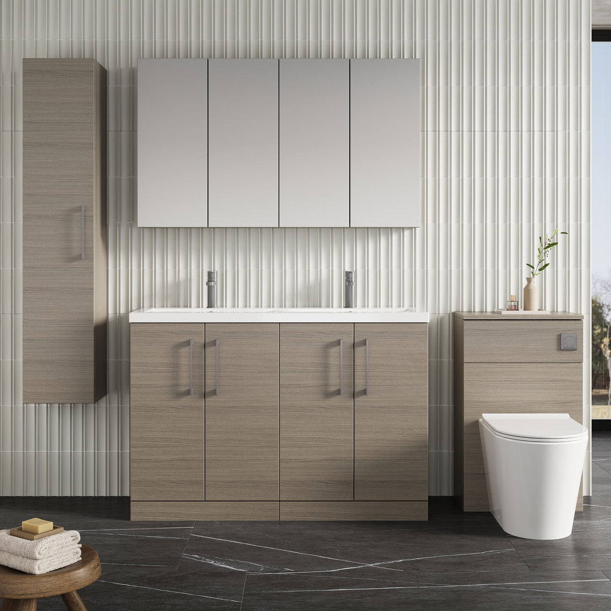 Modern Splash 1200mm Solace Oak 4 Door Floor Standing Vanity Unit With 2 Tap Hole Ceramic Basin