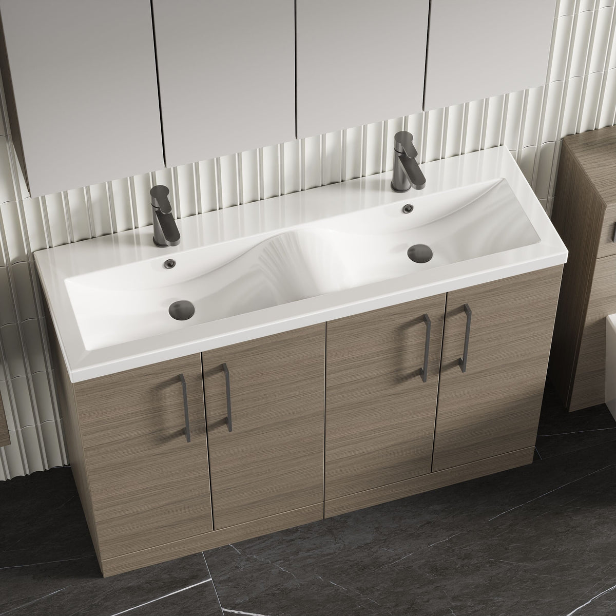 Modern Splash 1200mm Solace Oak 4 Door Floor Standing Vanity Unit With 2 Tap Hole Ceramic Basin