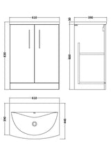 Modern Splash 600mm Solace Oak 2 Door Floor Standing Vanity Unit With Curved Basin