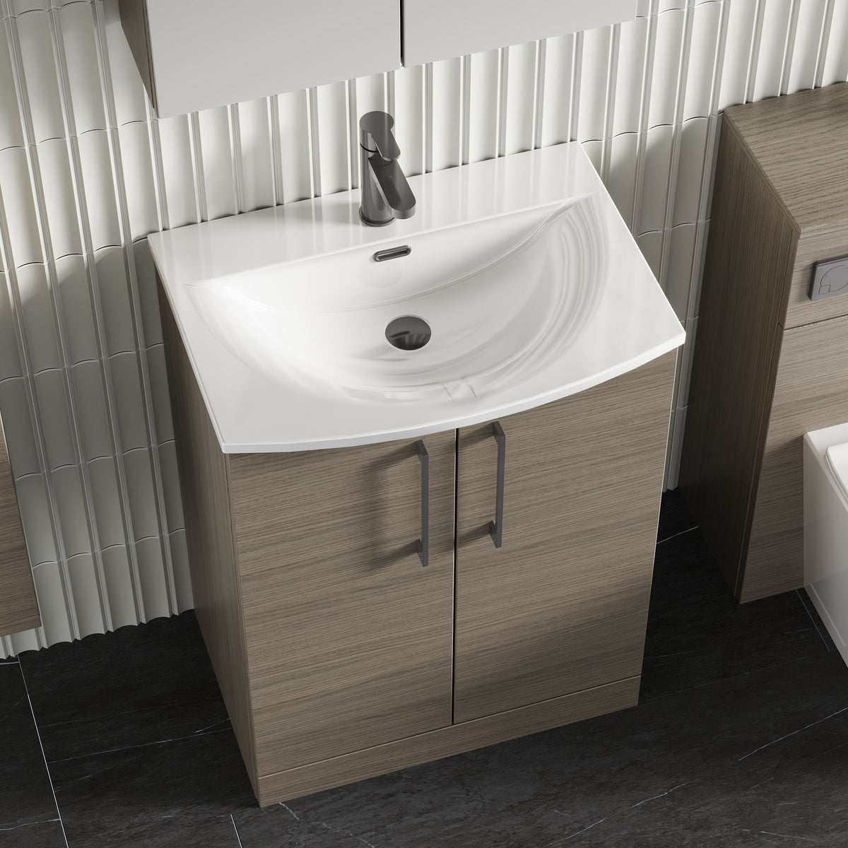 Modern Splash 600mm Solace Oak 2 Door Floor Standing Vanity Unit With Curved Basin