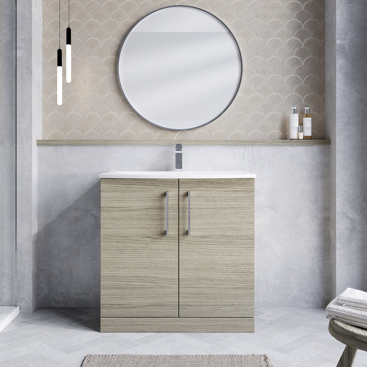 Modern Splash 800mm Solace Oak 2 Door Floor Standing Vanity Unit With Curved Basin