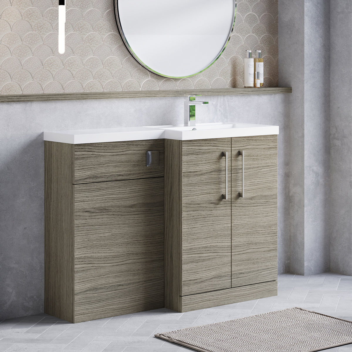 Modern Splash 1100mm Solace Oak 2 Door Floor Standing Right-Hand Combination Unit With Polymarble Basin