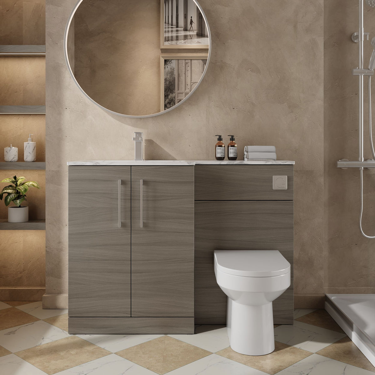 Modern Splash 1100mm Solace Oak 2 Door Floor Standing Left-Hand Combination Unit With Stone Basin
