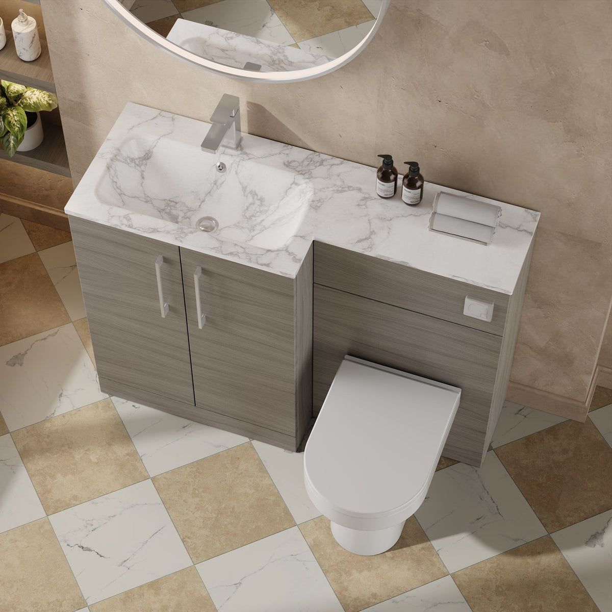 Modern Splash 1100mm Solace Oak 2 Door Floor Standing Left-Hand Combination Unit With Stone Basin