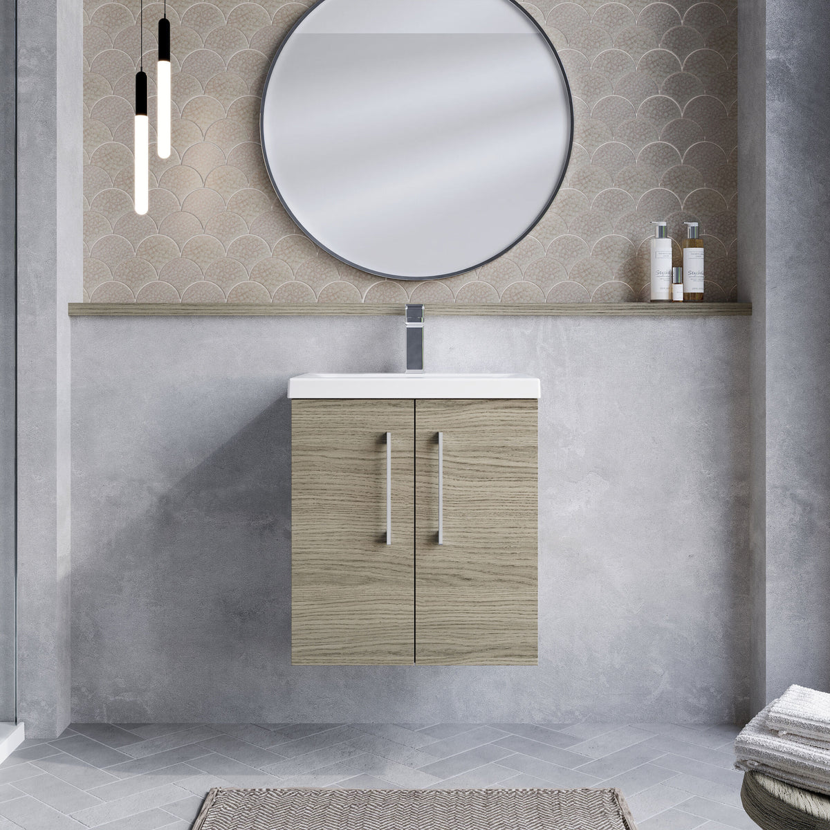 Modern Splash 500mm Solace Oak 2 Door Wall Hung Vanity Unit With Mid-Edge Basin
