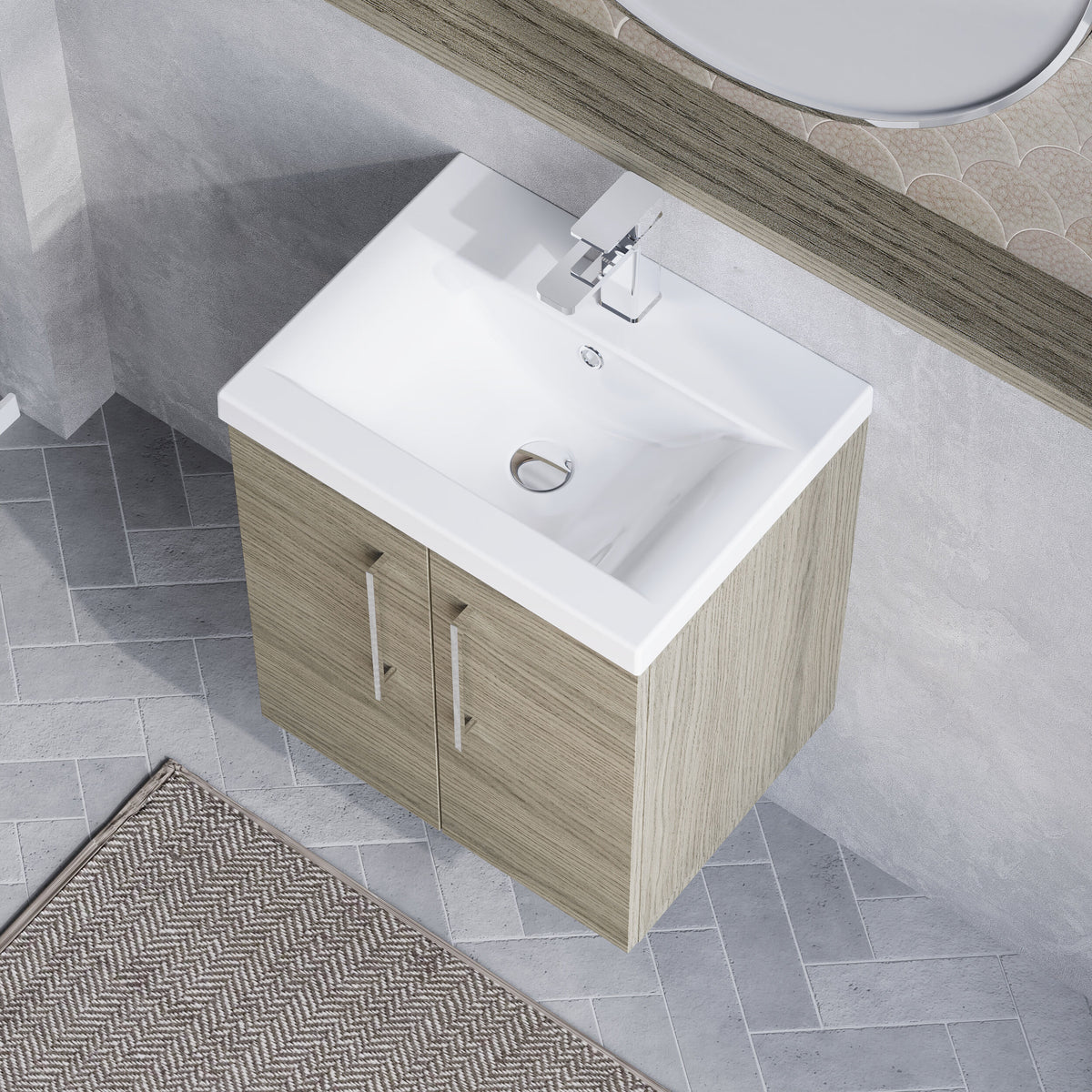 Modern Splash 500mm Solace Oak 2 Door Wall Hung Vanity Unit With Mid-Edge Basin