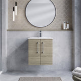 Modern Splash 500mm Solace Oak 2 Door Wall Hung Vanity Unit With Minimalist Basin