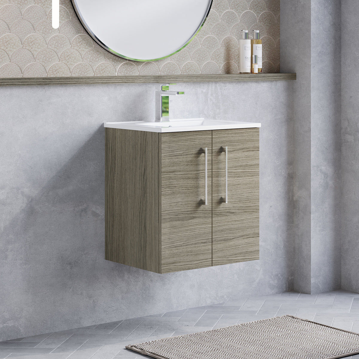 Modern Splash 500mm Solace Oak 2 Door Wall Hung Vanity Unit With Minimalist Basin