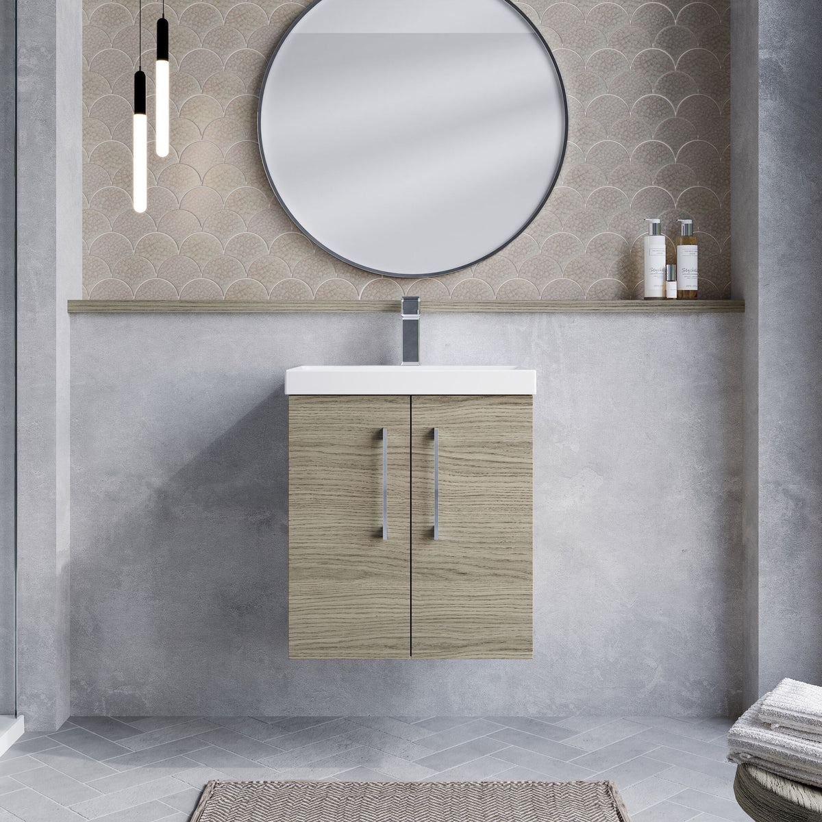 Modern Splash 500mm Solace Oak 2 Door Wall Hung Vanity Unit With Thin Edge Basin