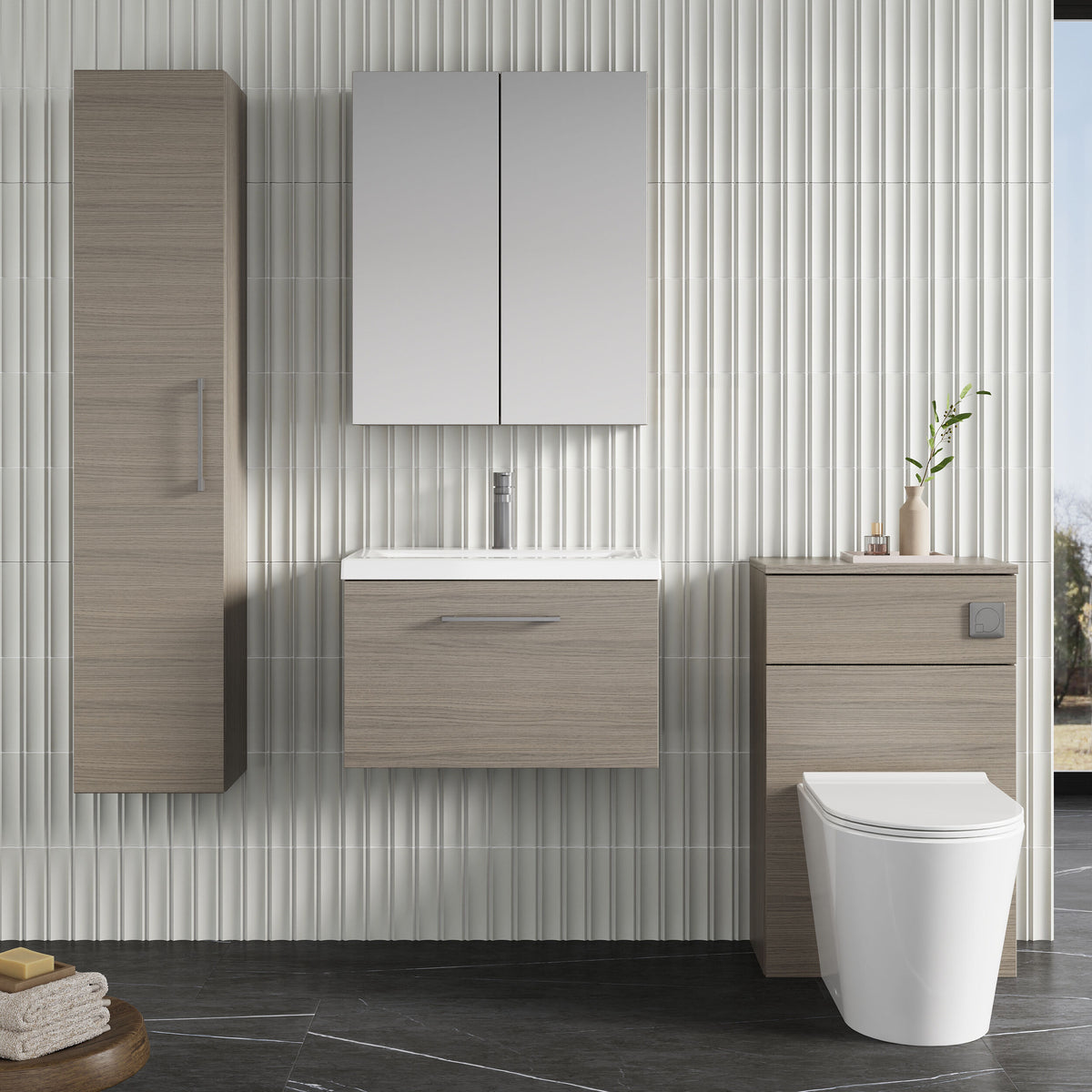 Modern Splash 600mm Solace Oak 1 Drawer Wall Hung Vanity Unit With Mid-Edge Basin