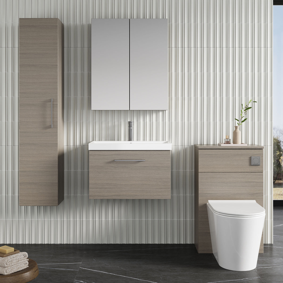 Modern Splash 600mm Solace Oak 1 Drawer Wall Hung Vanity Unit With Thin Edge Basin
