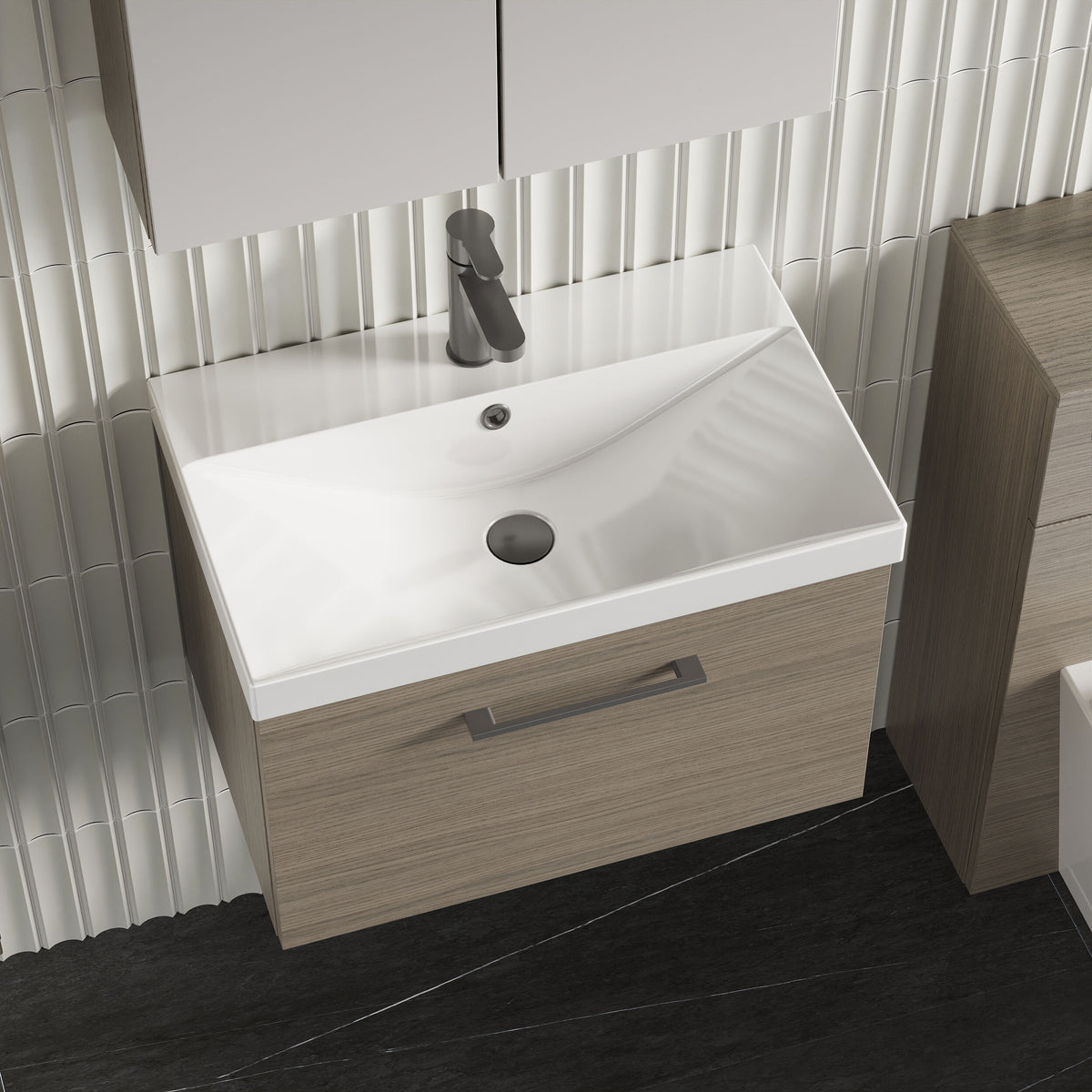 Modern Splash 600mm Solace Oak 1 Drawer Wall Hung Vanity Unit With Thin Edge Basin