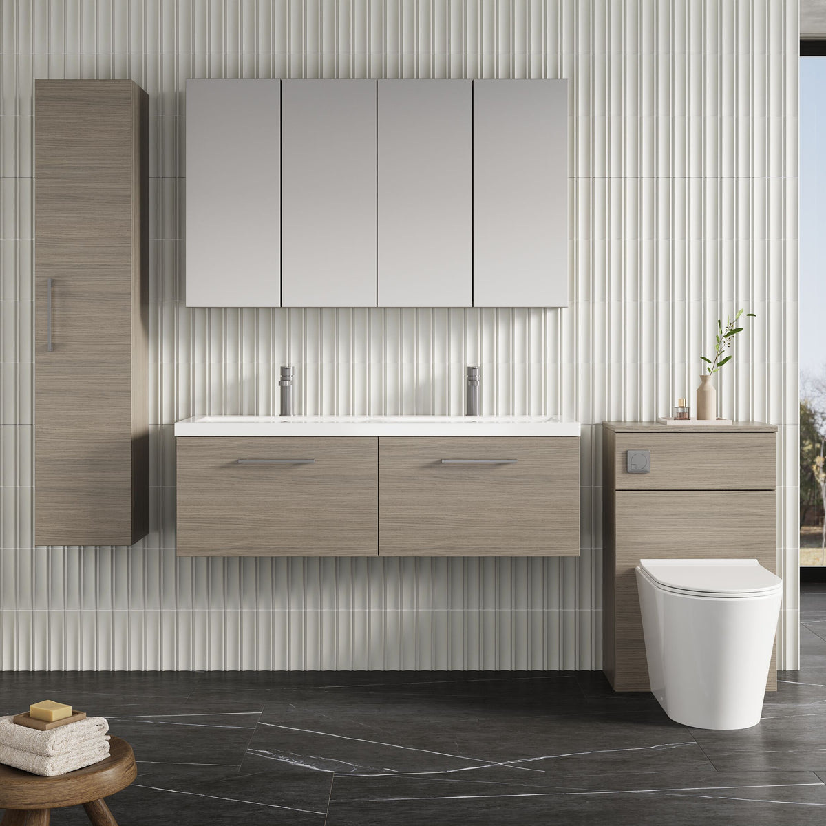 Modern Splash 1200mm Solace Oak 2 Drawer Wall Hung Vanity Unit With 2 Tap Hole Ceramic Basin