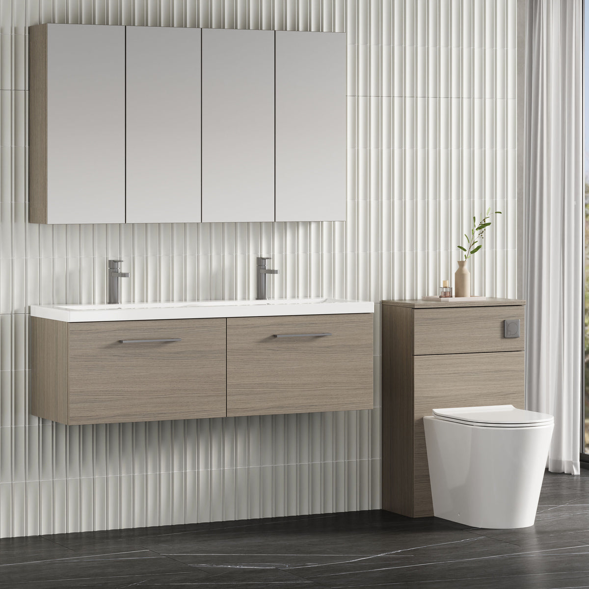 Modern Splash 1200mm Solace Oak 2 Drawer Wall Hung Vanity Unit With 2 Tap Hole Ceramic Basin