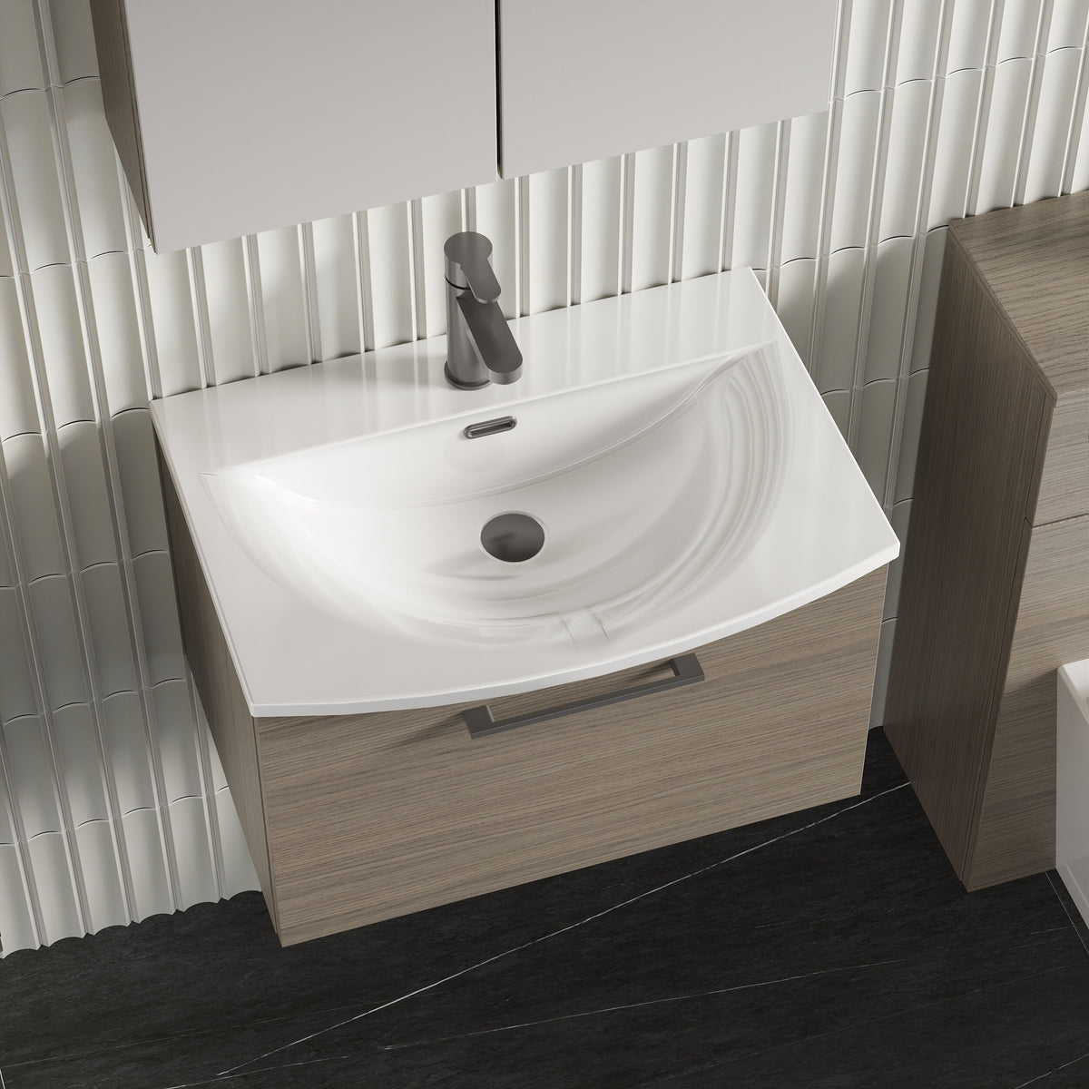 Modern Splash 600mm Solace Oak 1 Drawer Wall Hung Vanity Unit With Curved Basin