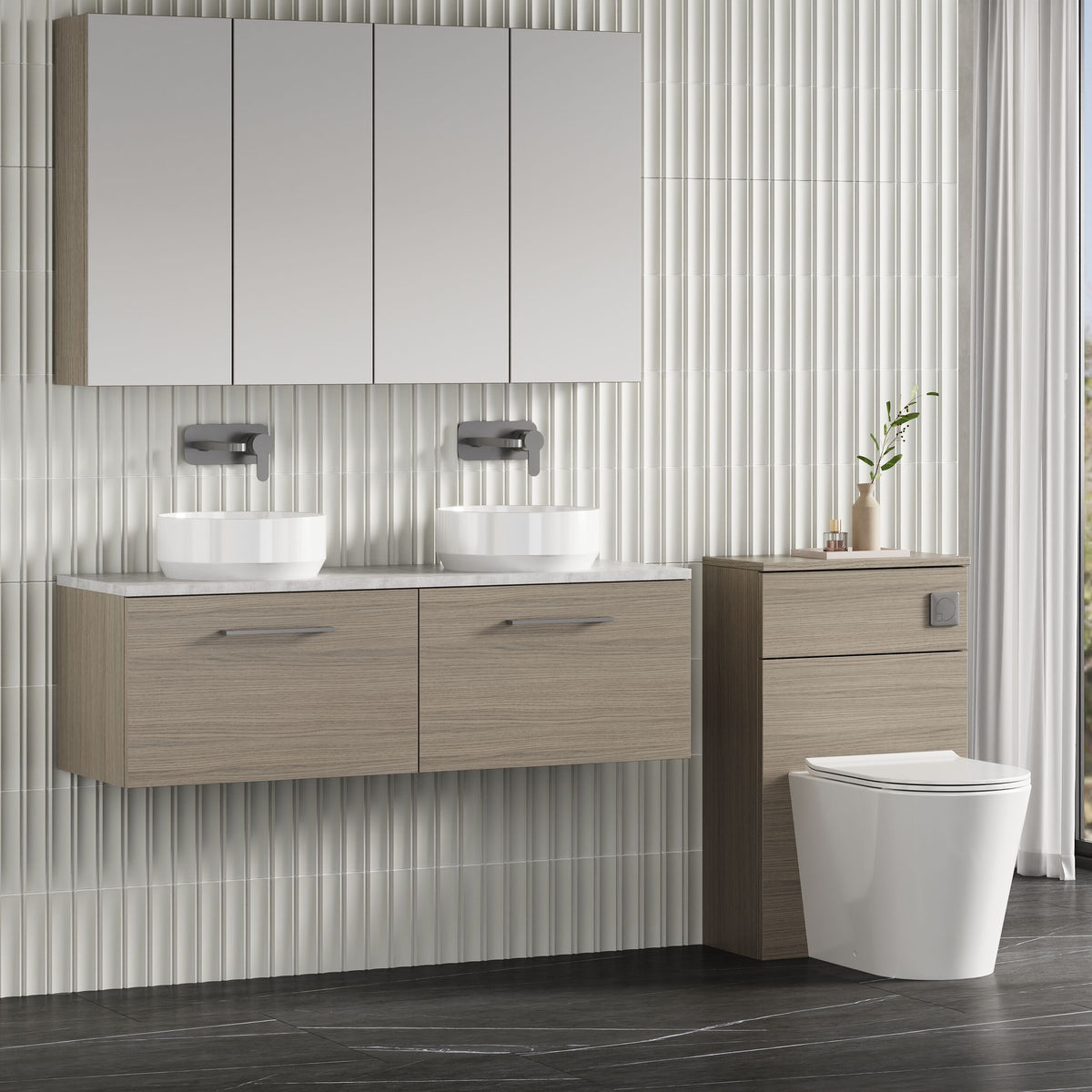 Modern Splash 1200mm Solace Oak 2 Drawer Wall Hung Vanity Unit With Bellato Grey Worktop
