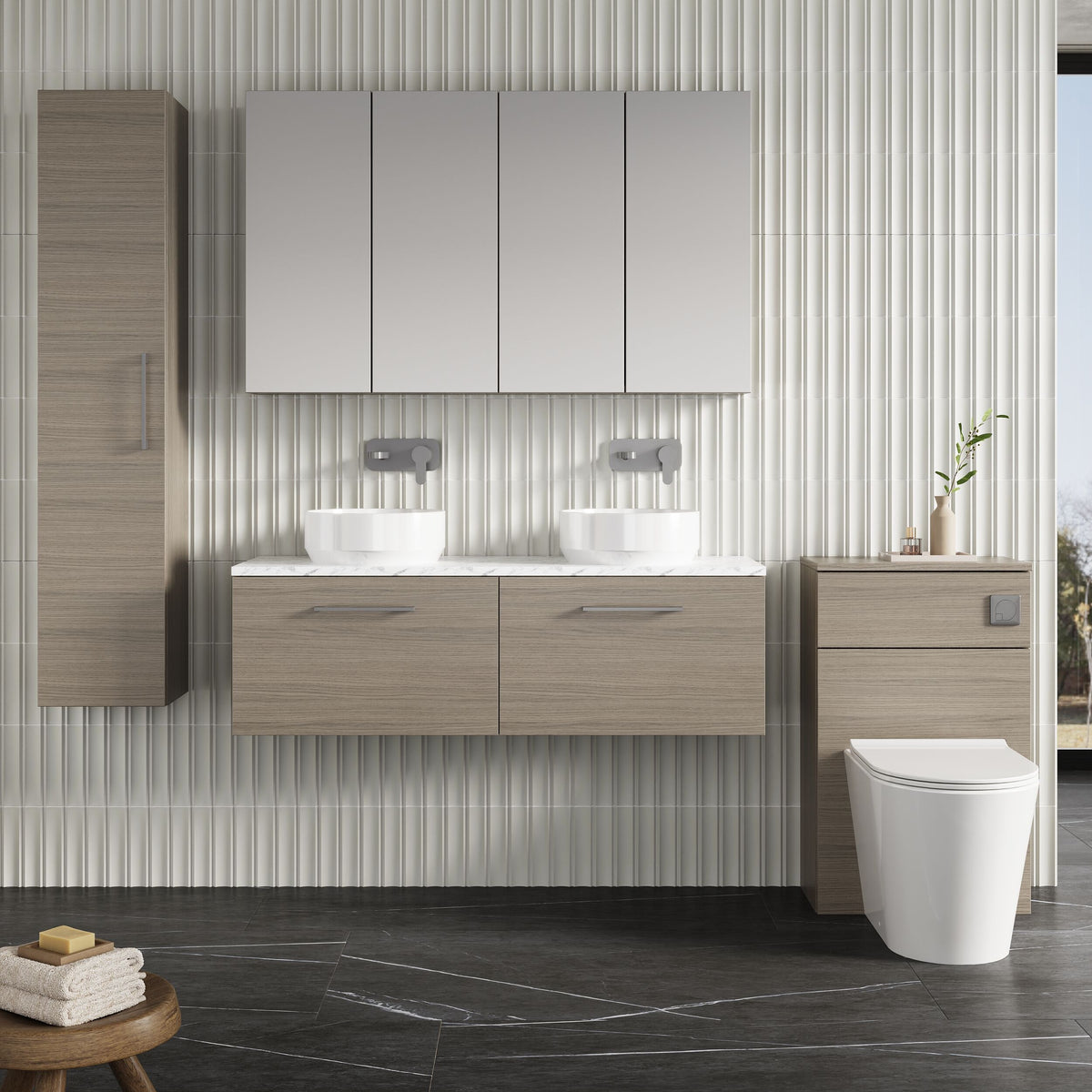 Modern Splash 1200mm Solace Oak 2 Drawer Wall Hung Vanity With Carrara Laminate Worktop